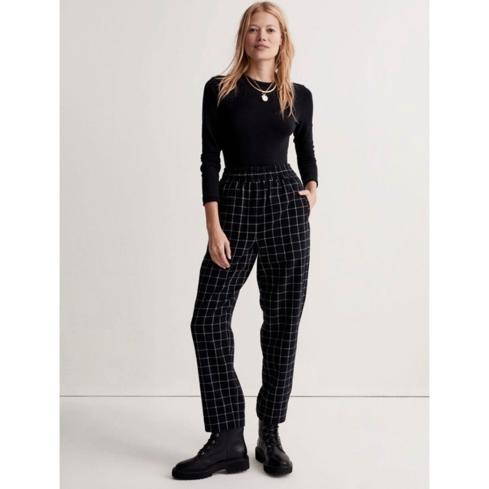 Madewell Women XS Windowpane Plaid Pull On Tapered Pants Black White NI295